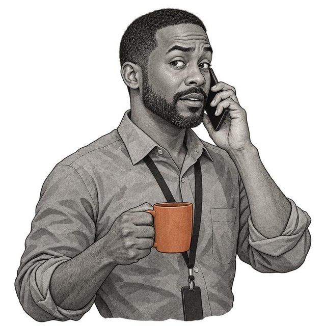 Illustrated portrait of Derek on the phone holding a coffee mug